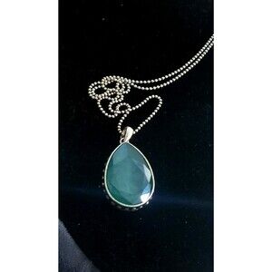 Touchstone Crystal Swarovski Faceted  Teal  Pendant Necklace Tear Drop Rhodium
